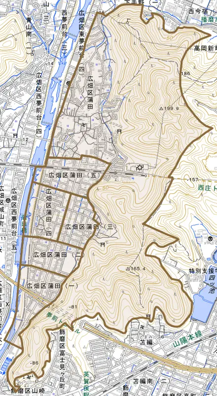 広畑区蒲田とその周辺の地図。町の範囲を重ねている