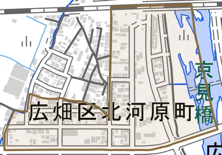広畑区北河原町とその周辺の地図。町の範囲を重ねている