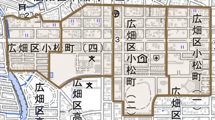 広畑区小松町とその周辺の地図。町の範囲を重ねている
