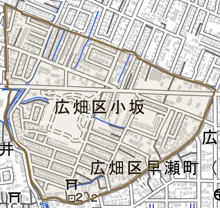 広畑区小坂とその周辺の地図。町の範囲を重ねている
