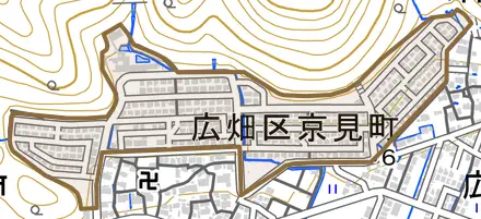 広畑区京見町とその周辺の地図。町の範囲を重ねている