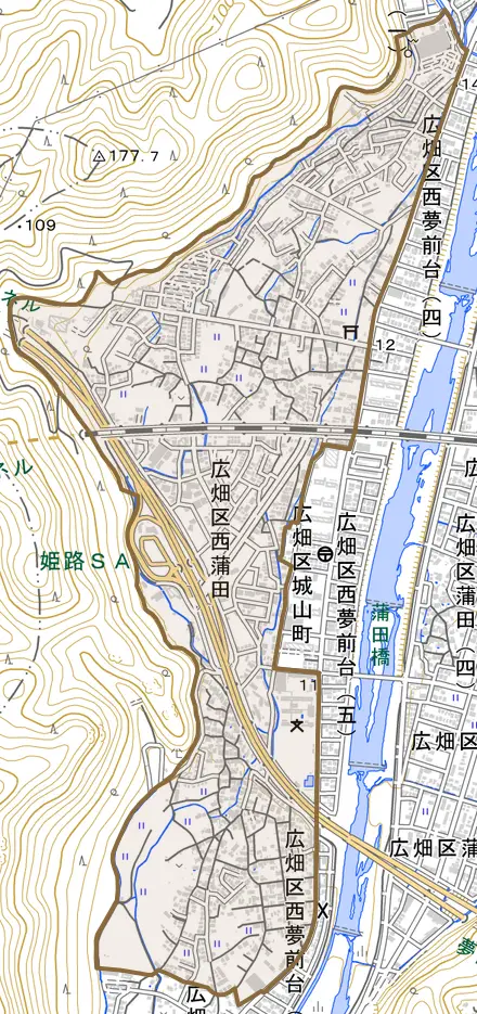広畑区西蒲田とその周辺の地図。町の範囲を重ねている