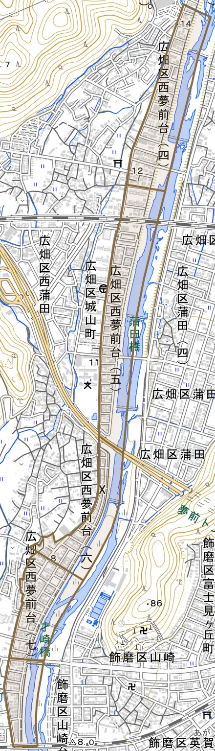 広畑区西夢前台とその周辺の地図。町の範囲を重ねている