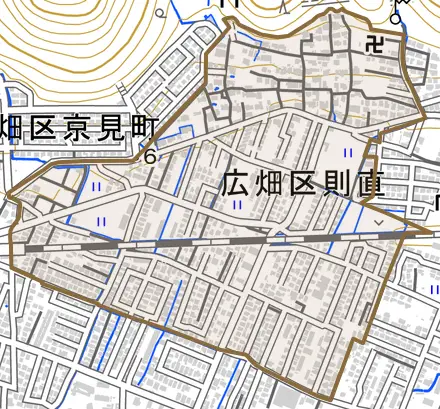 広畑区則直とその周辺の地図。町の範囲を重ねている