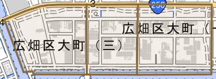 広畑区大町とその周辺の地図。町の範囲を重ねている