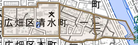 広畑区清水町とその周辺の地図。町の範囲を重ねている