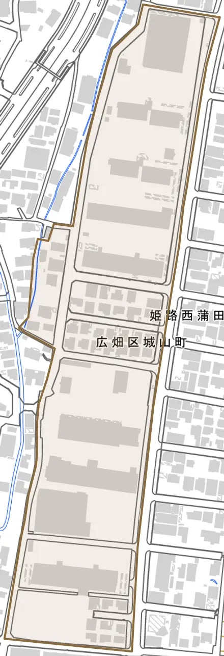 広畑区城山町とその周辺の地図。町の範囲を重ねている