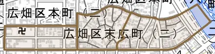 広畑区末広町とその周辺の地図。町の範囲を重ねている
