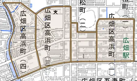 広畑区高浜町とその周辺の地図。町の範囲を重ねている