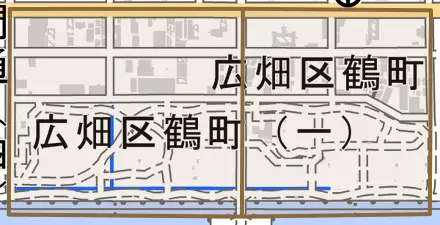 広畑区鶴町とその周辺の地図。町の範囲を重ねている