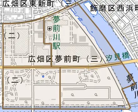 広畑区夢前町とその周辺の地図。町の範囲を重ねている