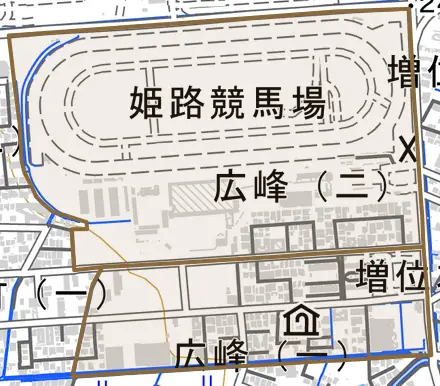広峰とその周辺の地図。町の範囲を重ねている