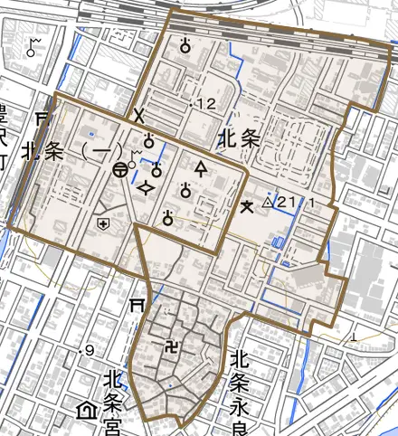 北条とその周辺の地図。町の範囲を重ねている