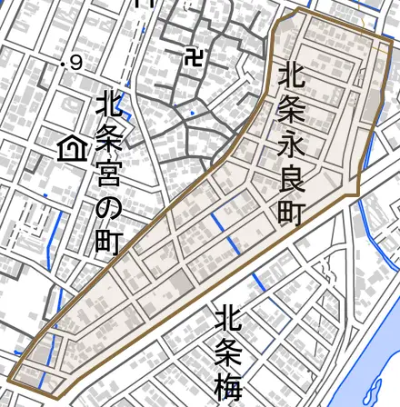 北条永良町とその周辺の地図。町の範囲を重ねている