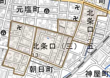 北条口とその周辺の地図。町の範囲を重ねている
