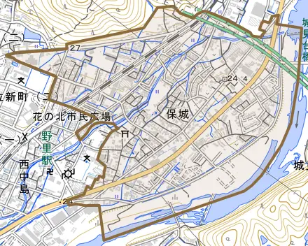 保城とその周辺の地図。町の範囲を重ねている