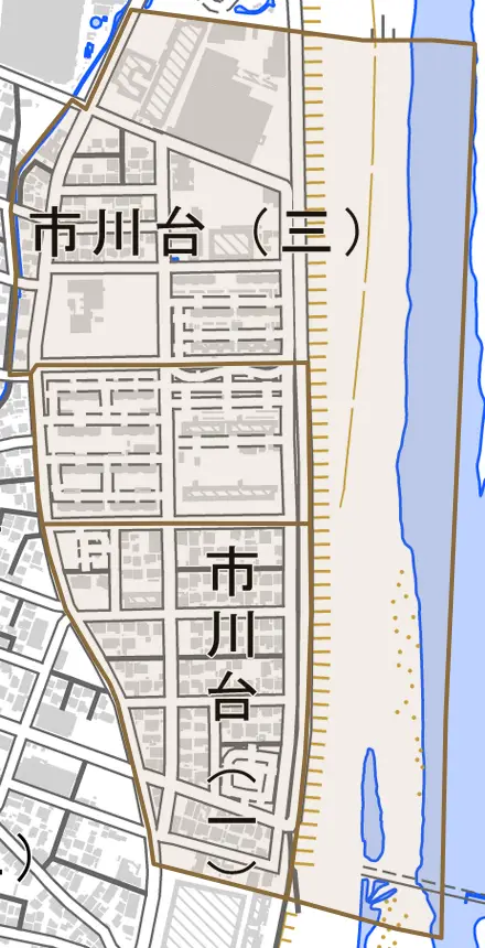 市川台とその周辺の地図。町の範囲を重ねている