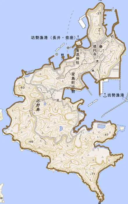 家島町坊勢とその周辺の地図。町の範囲を重ねている