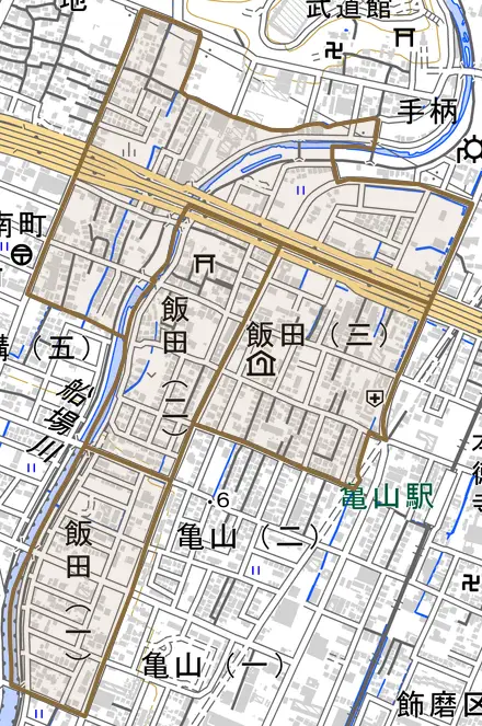 飯田とその周辺の地図。町の範囲を重ねている