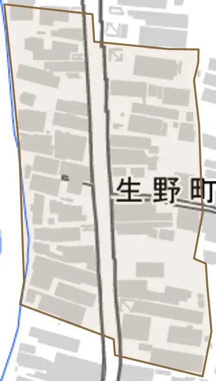 生野町とその周辺の地図。町の範囲を重ねている