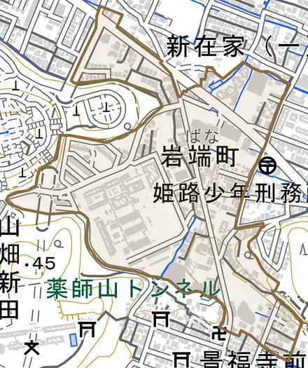 岩端町とその周辺の地図。町の範囲を重ねている
