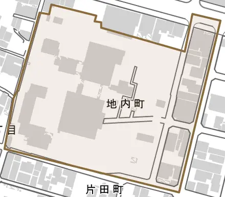 地内町とその周辺の地図。町の範囲を重ねている