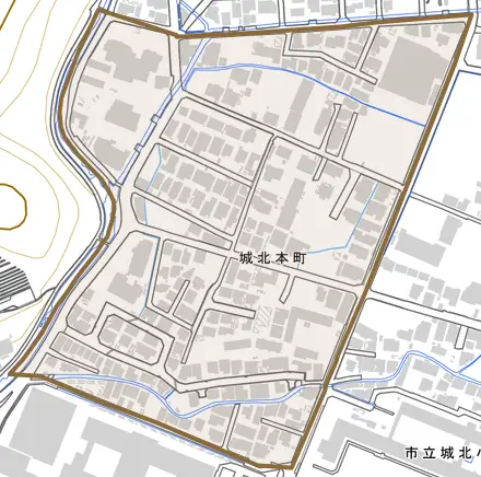 城北本町とその周辺の地図。町の範囲を重ねている