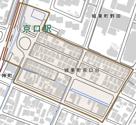 城東町京口台とその周辺の地図。町の範囲を重ねている