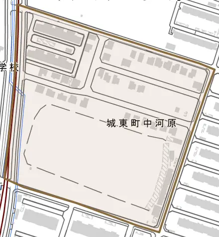 城東町中河原とその周辺の地図。町の範囲を重ねている