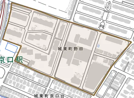 城東町野田とその周辺の地図。町の範囲を重ねている