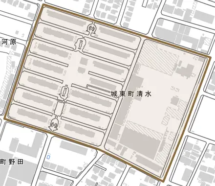 城東町清水とその周辺の地図。町の範囲を重ねている
