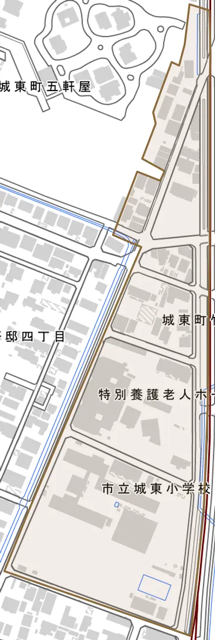 城東町竹之門とその周辺の地図。町の範囲を重ねている