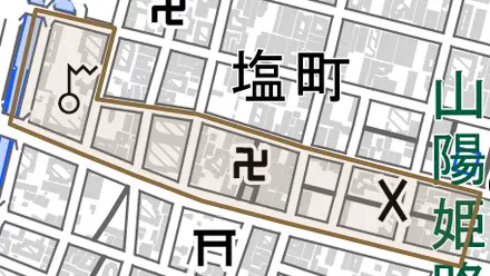 十二所前町とその周辺の地図。町の範囲を重ねている