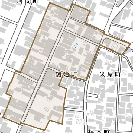 鍛冶町とその周辺の地図。町の範囲を重ねている