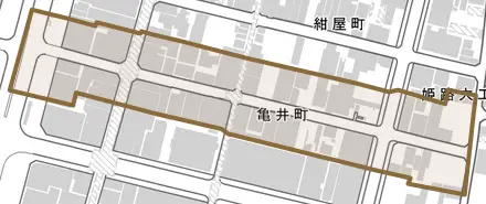 亀井町とその周辺の地図。町の範囲を重ねている