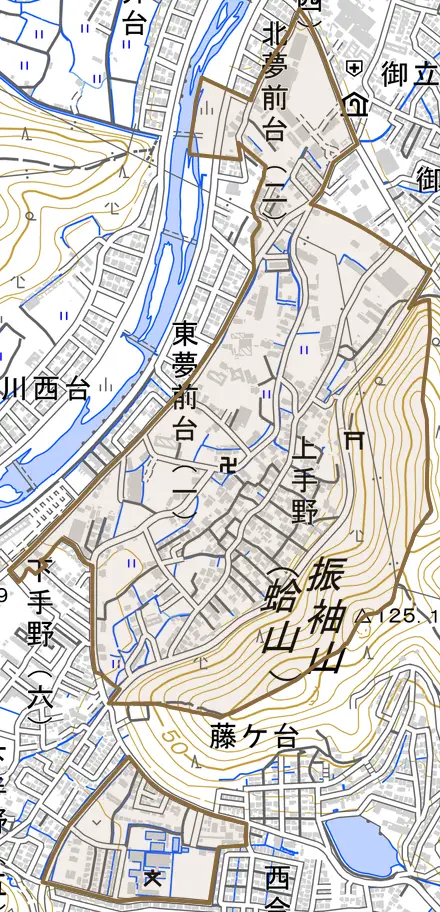 上手野とその周辺の地図。町の範囲を重ねている