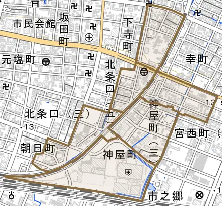 神屋町とその周辺の地図。町の範囲を重ねている