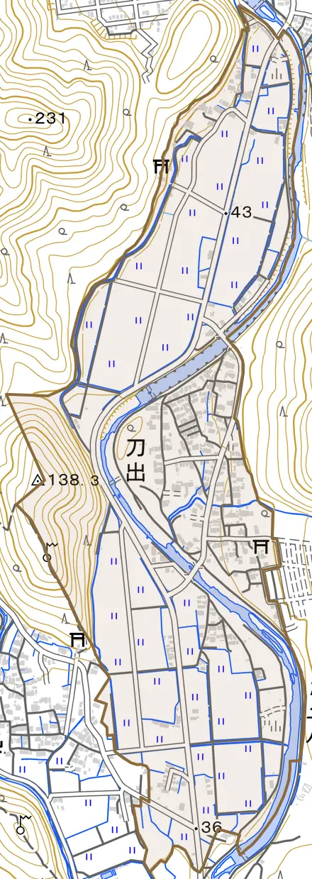 刀出とその周辺の地図。町の範囲を重ねている