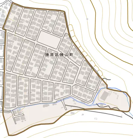 勝原区勝山町とその周辺の地図。町の範囲を重ねている