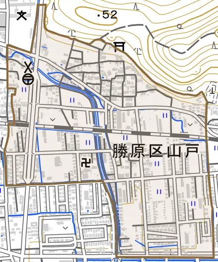 勝原区山戸とその周辺の地図。町の範囲を重ねている