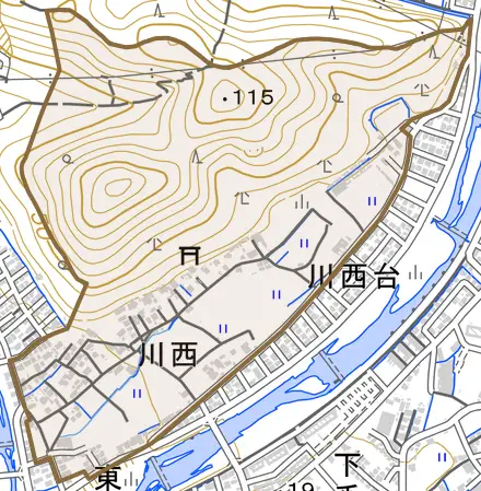 川西とその周辺の地図。町の範囲を重ねている
