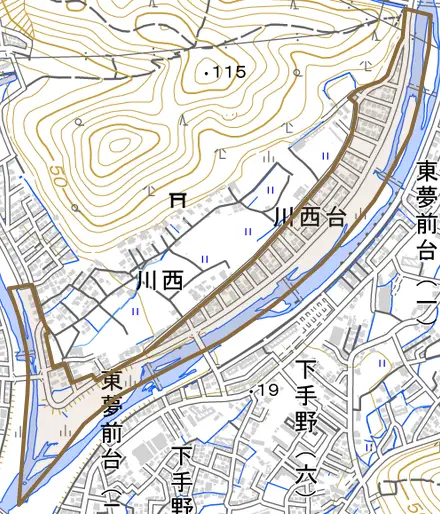 川西台とその周辺の地図。町の範囲を重ねている