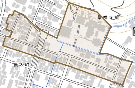 景福寺前とその周辺の地図。町の範囲を重ねている