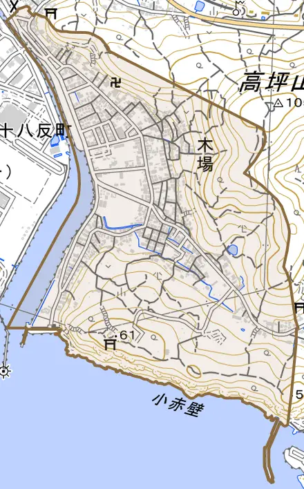 木場とその周辺の地図。町の範囲を重ねている