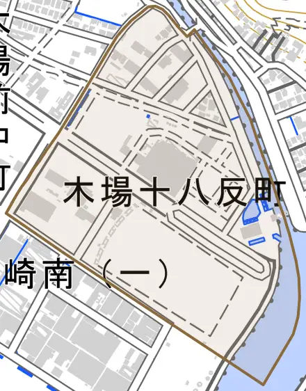 木場十八反町とその周辺の地図。町の範囲を重ねている