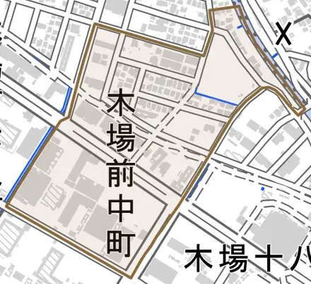 木場前中町とその周辺の地図。町の範囲を重ねている