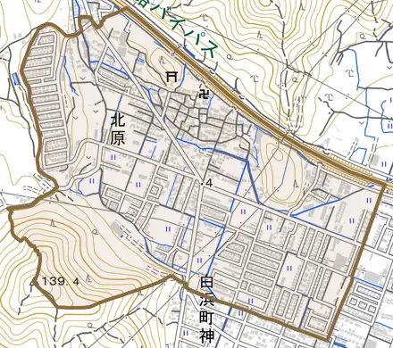 北原とその周辺の地図。町の範囲を重ねている