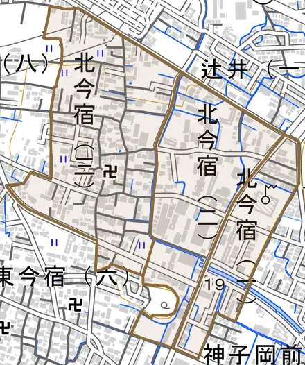 北今宿とその周辺の地図。町の範囲を重ねている