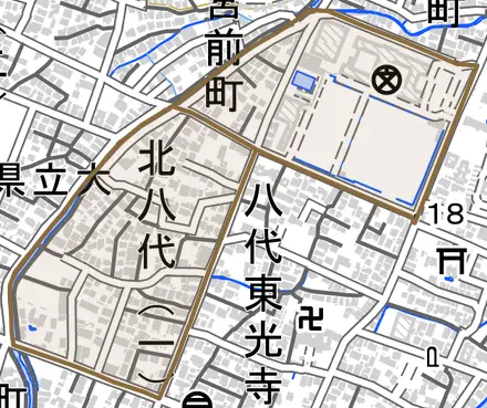 北八代とその周辺の地図。町の範囲を重ねている