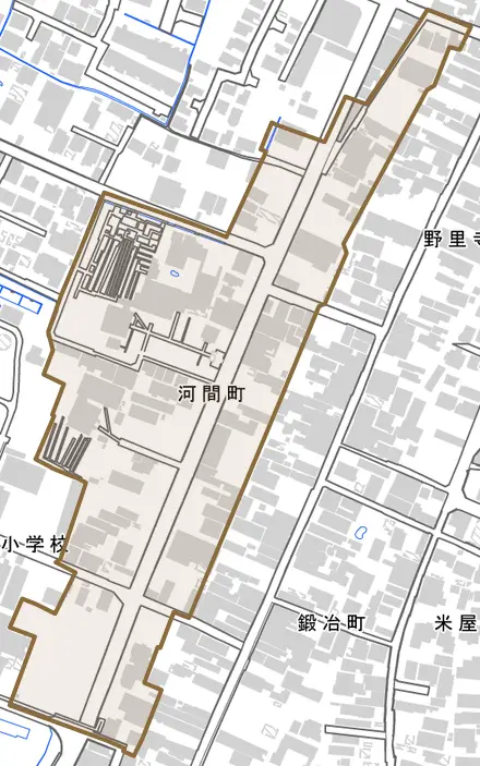 河間町とその周辺の地図。町の範囲を重ねている